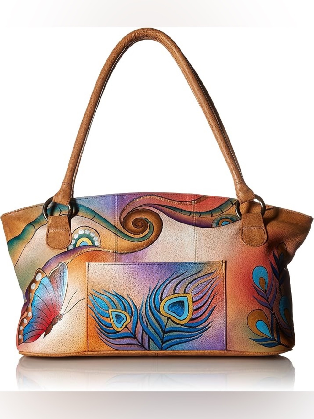 Anna by Anuschka hand-painted leather Tote Bag Peacock Feather butterfly Design